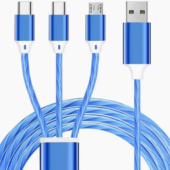 Sky Blue Universal 3 in 1 Flat Light Emitting Data Cable 3.92 ft - Picture 4 of 5